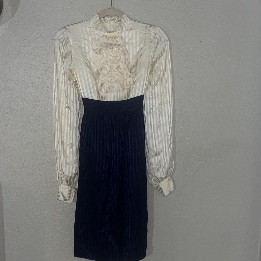 Anna Sui Cream and Navy Long Sleeve Dress